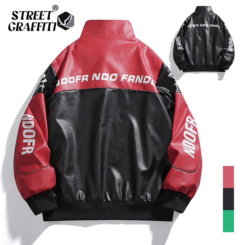 

Men's Racing Suit Leather Jacket Windproof High Street Motorcycle Contrast Color Reflective Strip Autumn Winter Couple Jacket