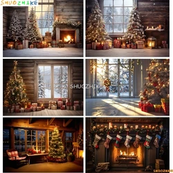 Christmas Tree With Wooden Floor Photography Backdrops Pinecones Snow Fireplace New Year Winter Holiday Party Background DT-28