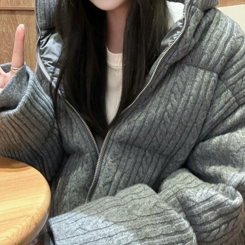 

Gray Stand Collar Short Knit Patchwork Cotton Jacket for Women 2025 Winter, Thickened Warm Cotton Coat for Petite Sizes