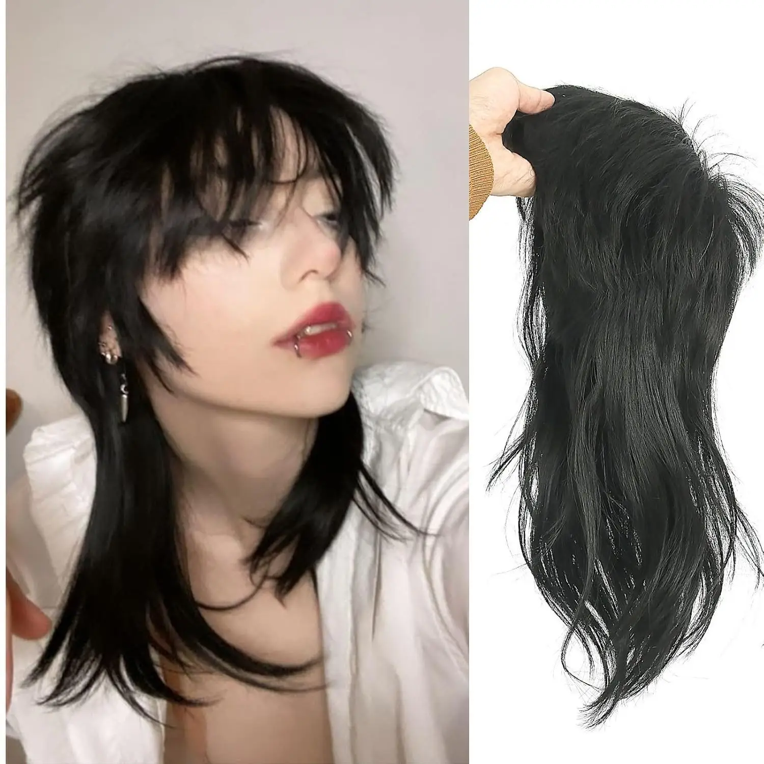 Women's Black Fish-Head Wolf Tail Wig Synthetic Fiber Headset European and American Fashion Wigs