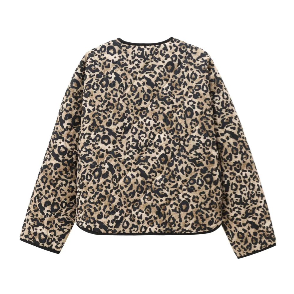 PB&ZA2024 autumn new women\'s clothing style slim fit warm loose leopard print round neck cotton jacket top