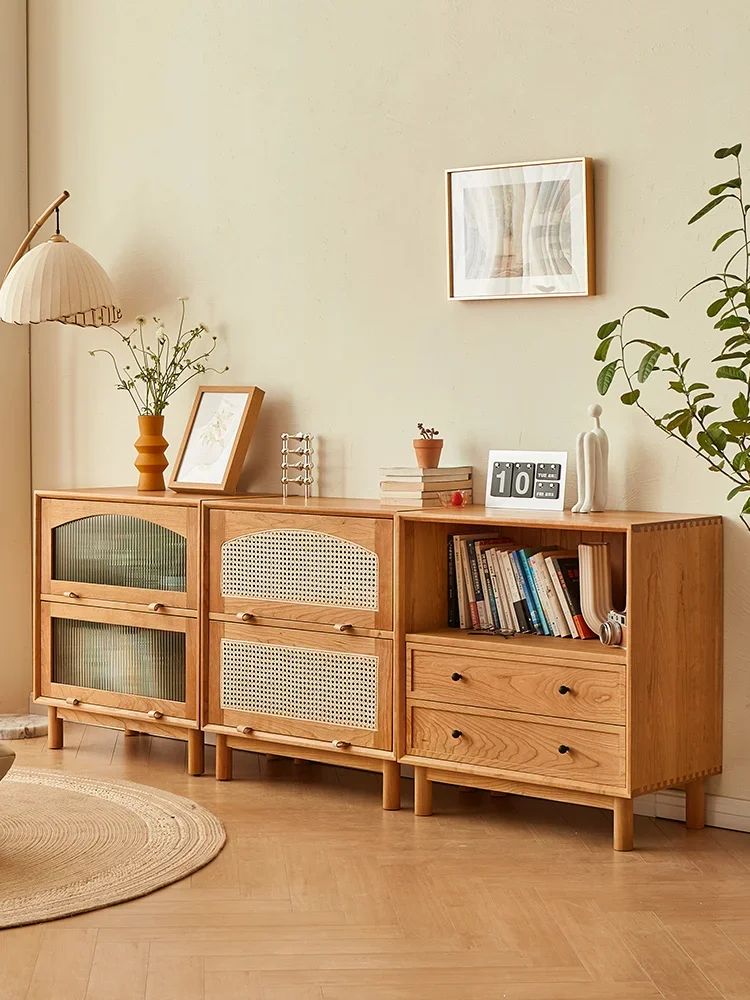 

Скандинавский книжный шкаф из цельного дерева, вишневый шкаф для хранения в гостиной, шкаф для хранения со стеклянной дверью, решетчатый шкаф