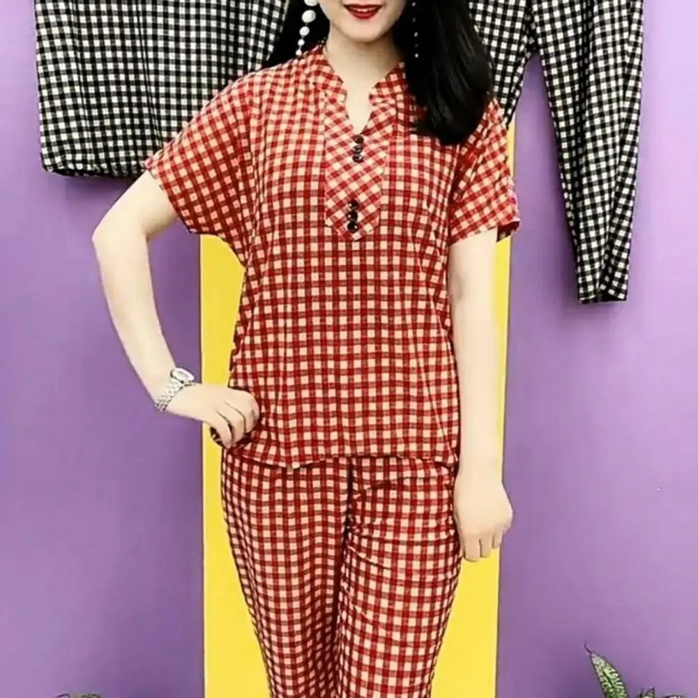 

Spring Summer Autumn Outfit Women’s Plaid Two-piece Set Button Short Sleeve Top Cropped Skinny Pants Summer Loungewear