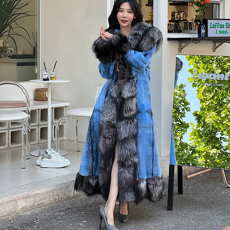 2023Women Real Rex Rabbit Fur Coats With Fox Lapel Collar Natural Whole Skin Genuine Fur Long Jackets Overcoat Winter