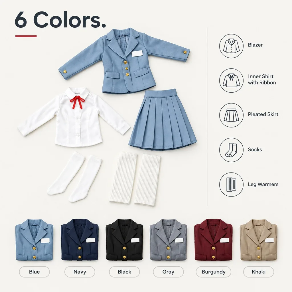 Doll Clothes Preppy Campus Uniform Suit Blazer Shirt Skirt Socks Leg Warmers, 1/6 BJD Outfit for OB22 OB24, Doll Not Included - view 3