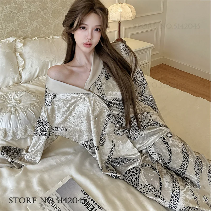

Сексуальный леопардовый бархатный комплект из 2 предметов, женская одежда для сна, осенне-зимний новый пижамный комплект, домашняя одежда, свободная повседневная велюровая домашняя одежда, пижама