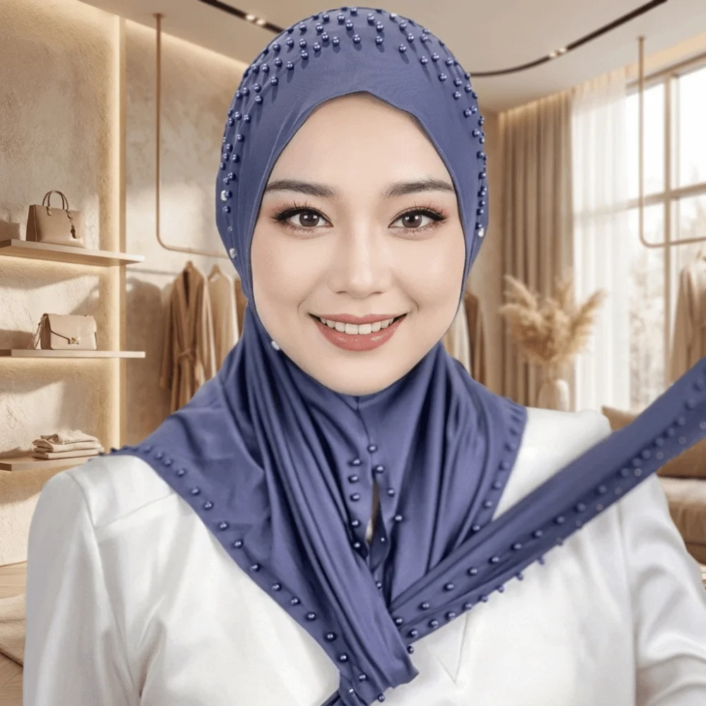 Modest Fashion Soft Beaded Instant Hijab Breathable Stretch Pull-On Turban Easy Wrap Solid Color Pullover Scarf Prayer Wear