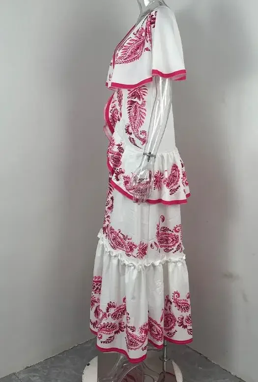 

Autumn New Women's Clothing Elegant Printed V-Neck Dress with Ruffled Large Swing Dress Vacation Casual Female Sexy Dresses