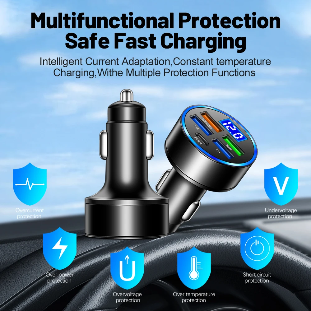 شحن سريع 150 واط 5 منافذ شاحن سيارة PD QC3.0 USB C شاحن هاتف السيارة نوع C محول في السيارة لشاومي سامسونج آيفون هواوي