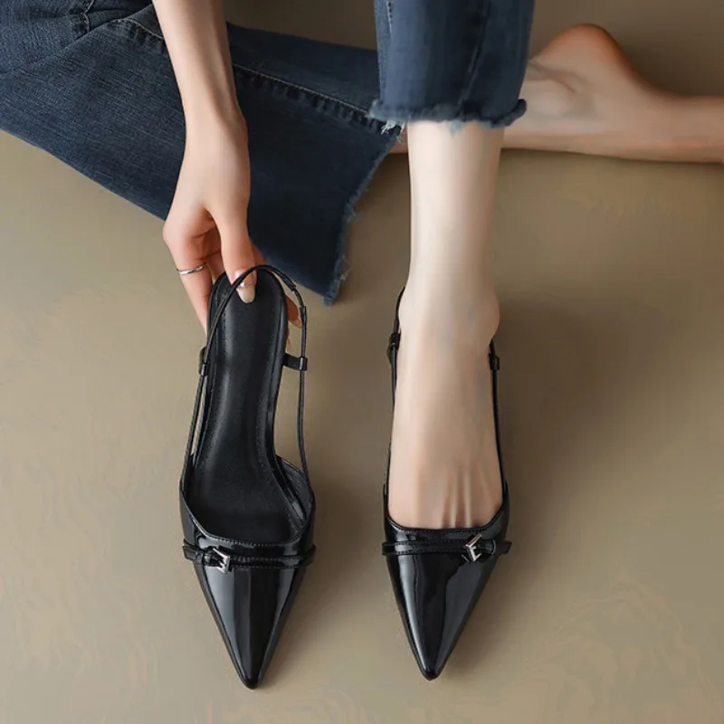 2024 New Summer Women\'s Dress Shoes Patent Leather Slip on Pointed Toe Sandals Buckle Slingbacks Mid Heels Pumps Sandalias Mujer