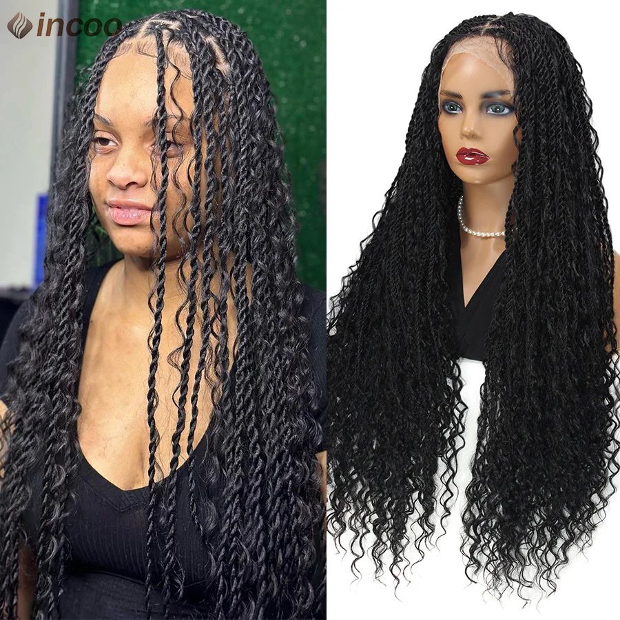 

Synthetic Full Lace Goddess Box Braided Wig With Curls Knotless Boho Senegalese Twists Braiding Wigs With Baby Hair Black Women