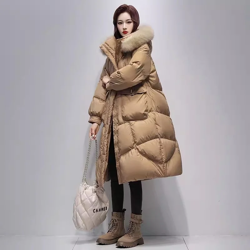 White duck down Jacket Women\'s 2024 New Winter Fox fur collar Warm Thicken Fashion down Coat Female Hooded Parker Long Overcoat