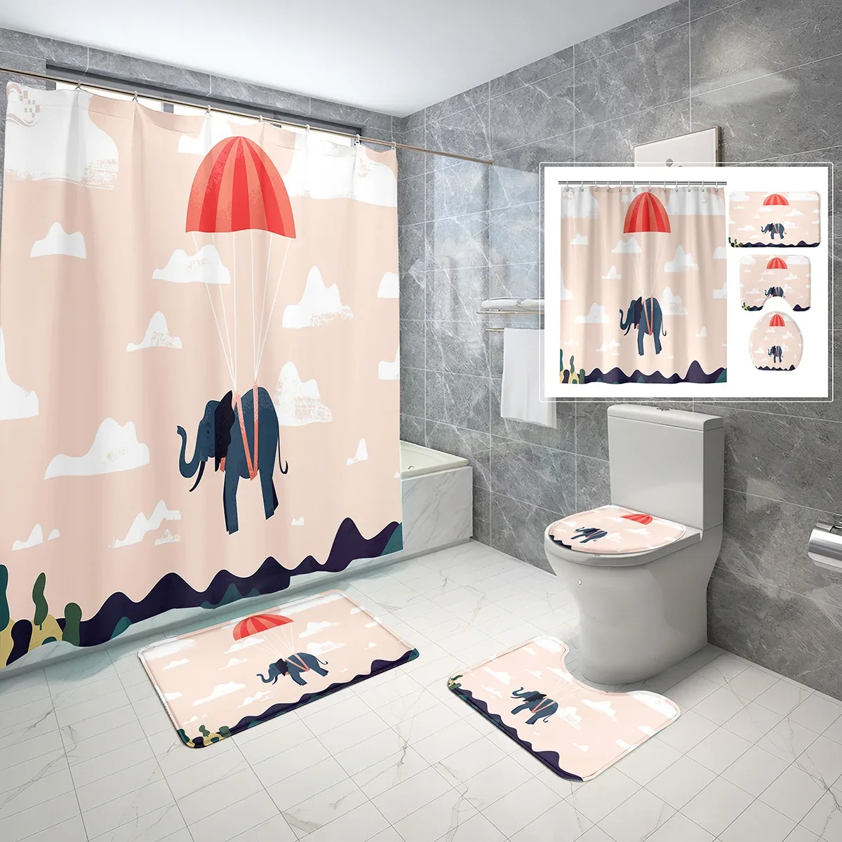 

4 PCS Cute Elephant Shower Curtain Sets with Waterproof Fabric Bath Curtain,Non-slip Bathroom Mat Toilet Rug,Kids Home Decor