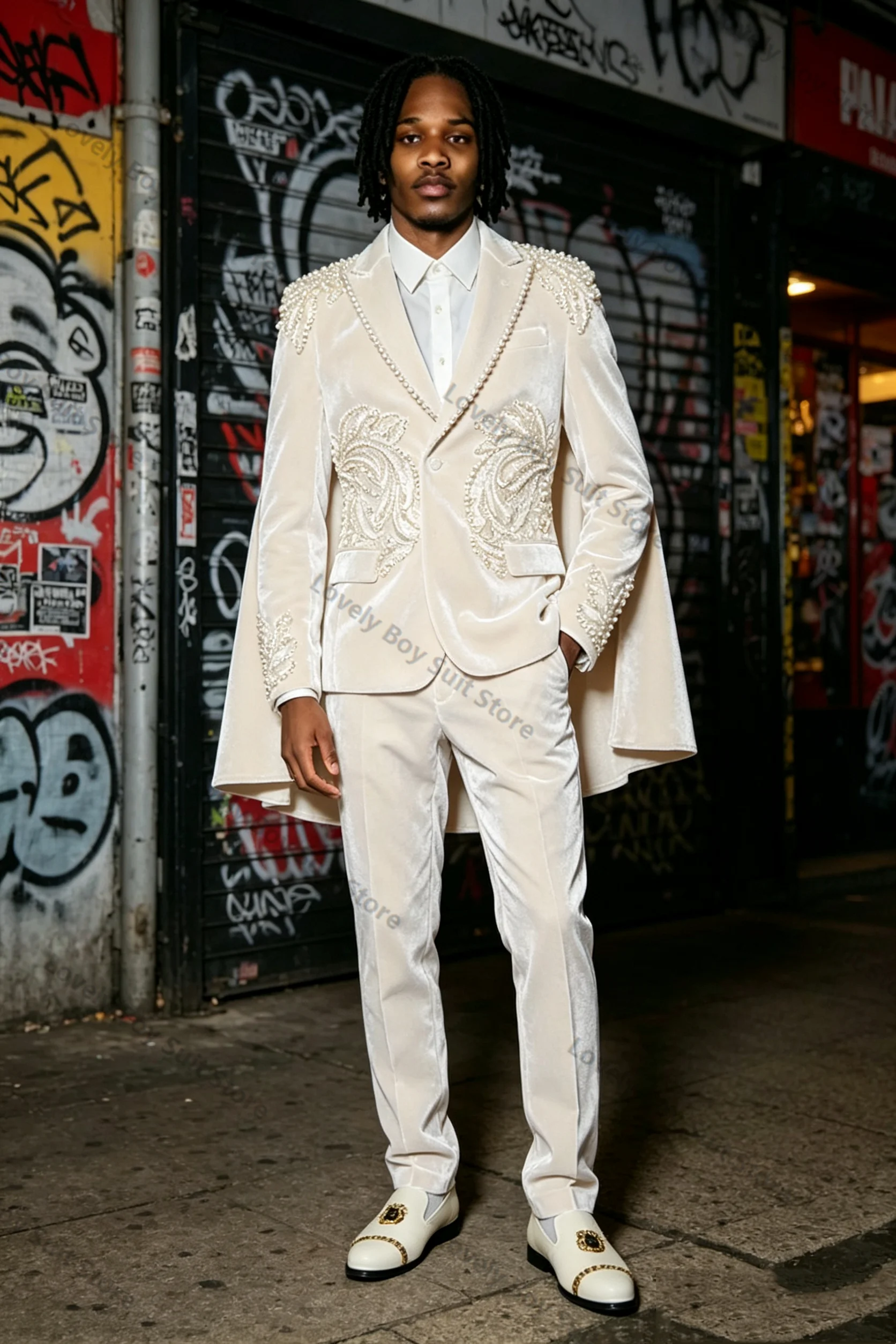 

Spring Wrap Cape Men Suit Set 2 Piece Blazer+Pants Cotton Prom Wedding Tuxedos Coat Customized Formal Office Groom Jacket