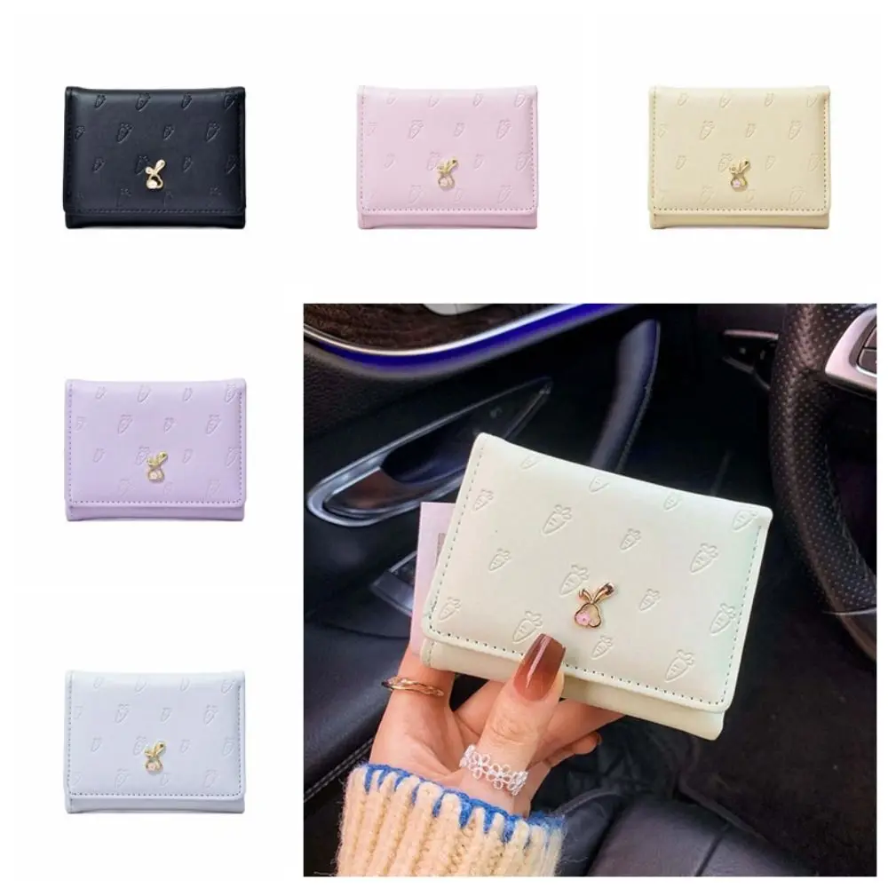 

Portable Cartoon Rabbit Purses Carrot Printed PVC Lady Short PU Wallet Snap Button Waterproof Triple Fold Card Bag Work