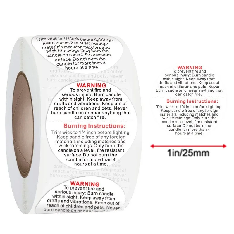 500Pcs White Candle Warning Labels,1inch 1.5inch Round Candle Safety Labels Sticker for Candle Making DIY Candle Jars