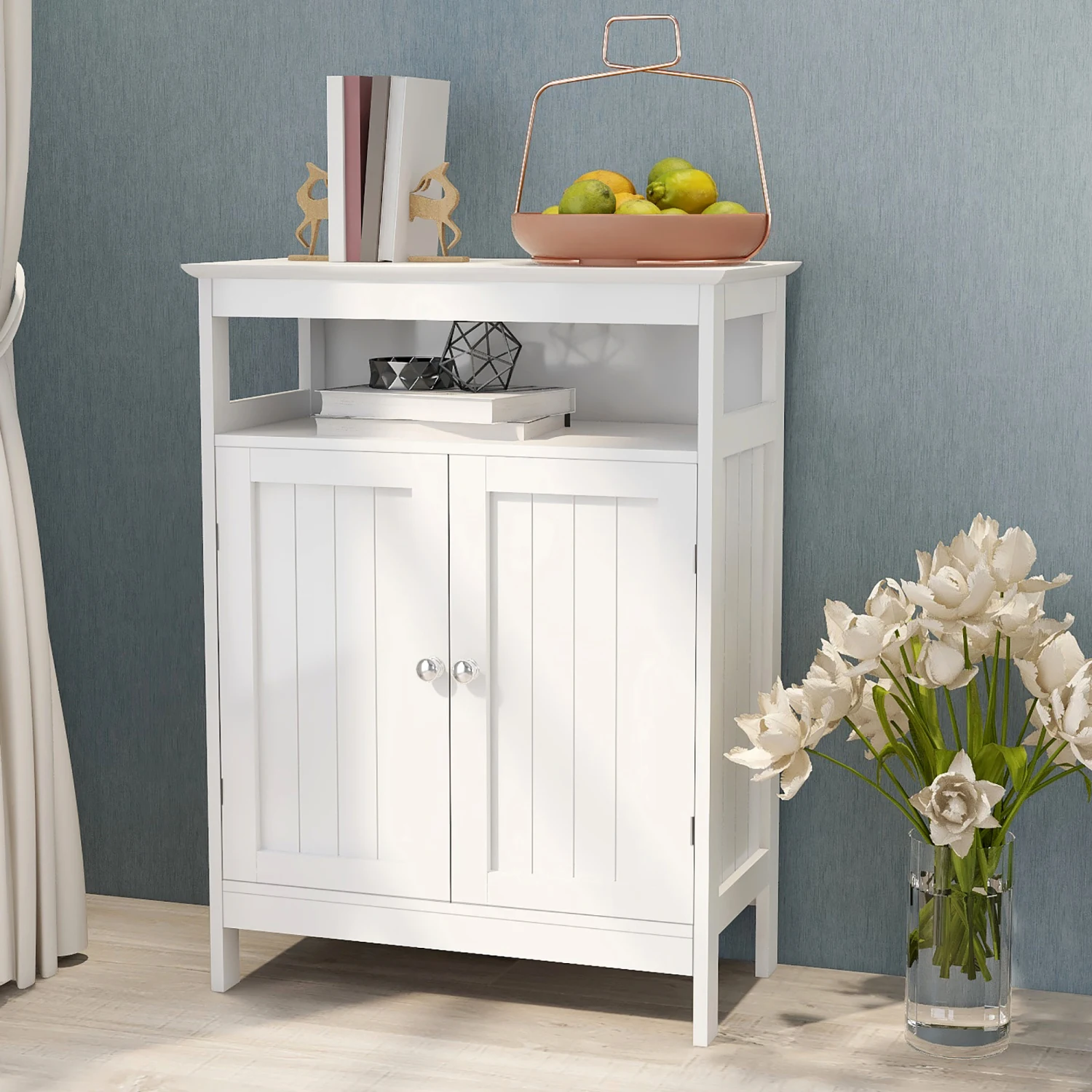 

Bathroom standing storage with double shutter doors cabinet-White