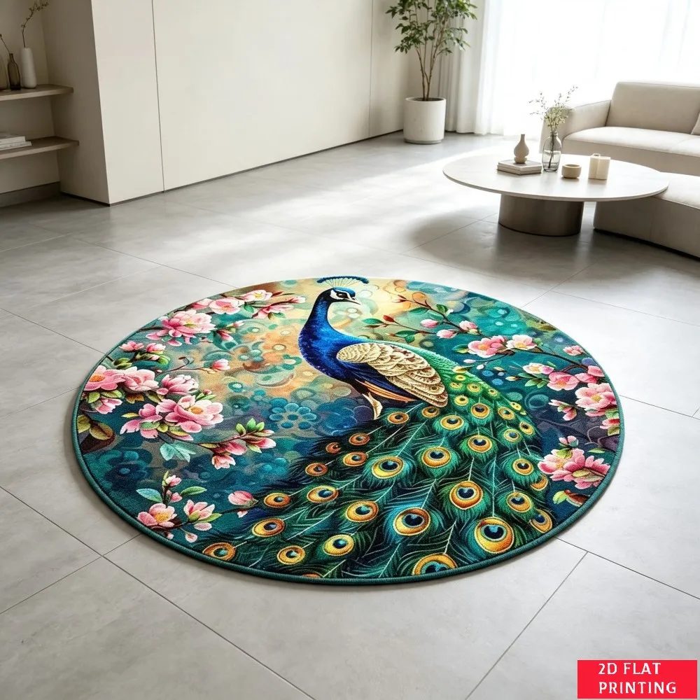 Peacock Feather Blossom Garden Scene Round Rug For Elegant Living Space Featuring Teal Pink Gold Detailed Carpet Display