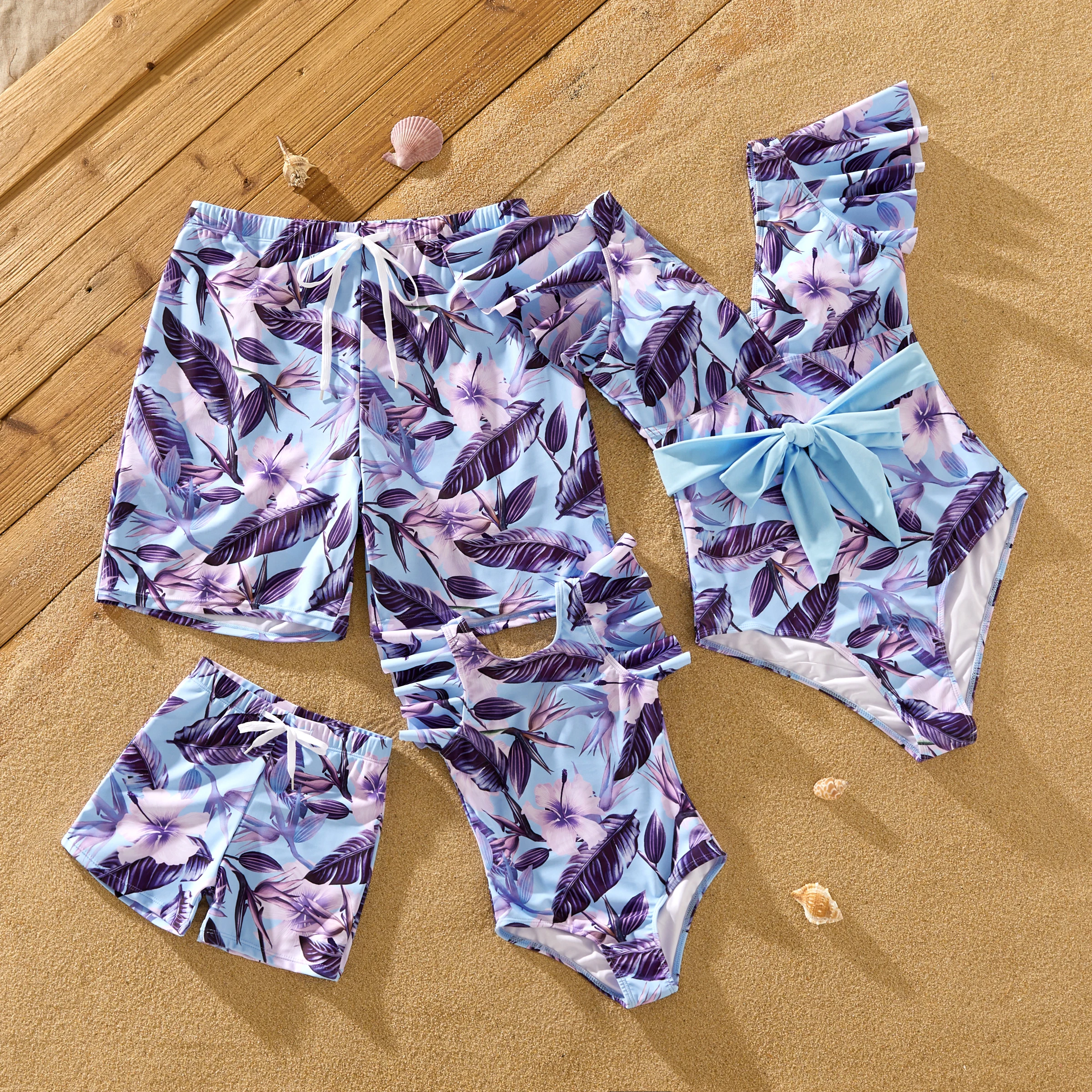 

PatPat Family Matching Blue and Purple Floral Swim Trunks or Ruffle Sleeves Swimsuit