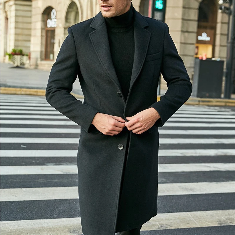 

2024 Autumn and Winter Boutique Woolen Black Gray Classic Solid Color Thick Warm Men's Extra Long Wool Trench Coat Male Jacket