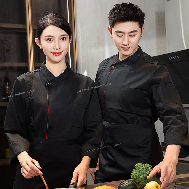 Men full Sleeve Chef uniform Restaurant black chef jacket with apron Cook Chef Coat Kitchen Work Uniform Waiter Hotel Clothes