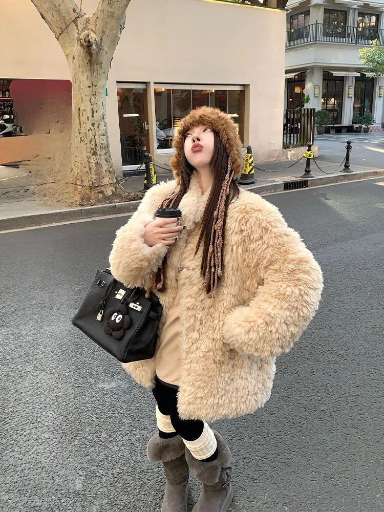 

Luu Women's Fur Coat Loose Fit Stand Collar Eco-friendly Autumn Winter Warmth Long Sve Top Design Sense Single Piece