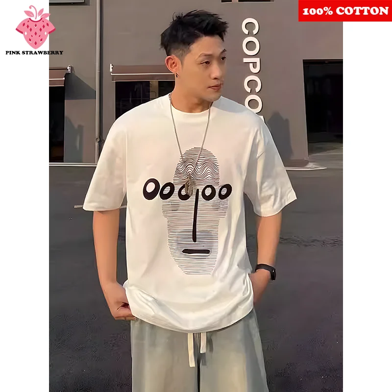 

Abstract Pattern Print T-shirt Men Summer New 100% Cotton American style Short sleeve Casual Couple T-Shirt Y2k Top Men clothing