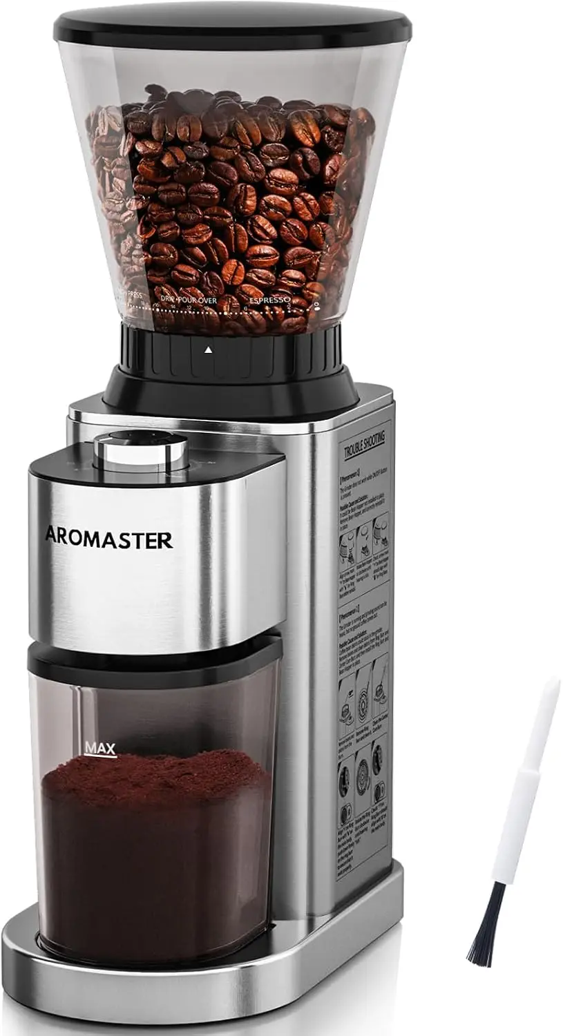Conical Coffee Bean Grinder, 48 Settings, Anti-Static, Sliver | Stainless Steel, 40S Adjustable Timer, Removable Burr, Brush for