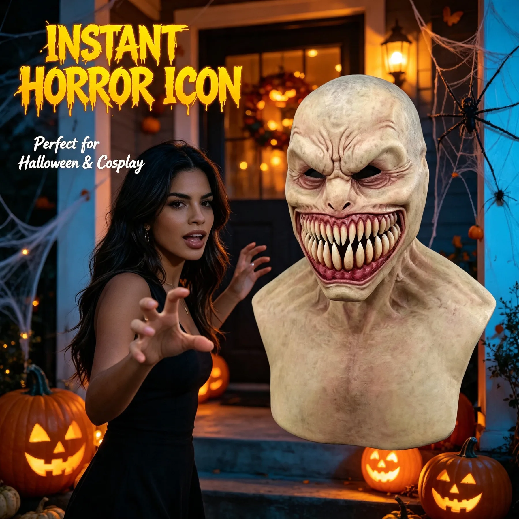 Scary Monster Full Head Mask Halloween Horror Latex Demon Mask Sharp Teeth Headgear Cosplay Costume Haunted House Party Prop