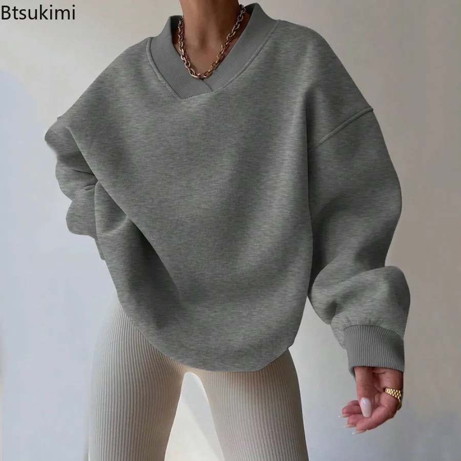 

Casual Loose V-Neck Sweatshirts Women's Autumn New Solid Color Tops Fashion Long Sleeve Harajuke Hoodie Casual Streetwear Lady