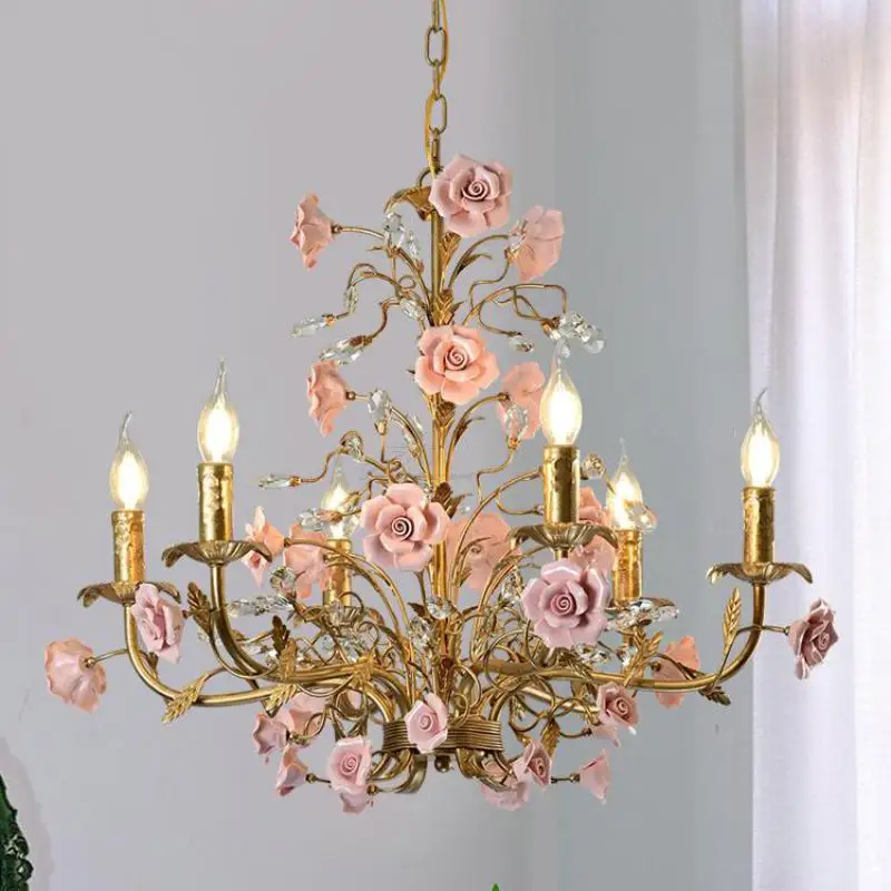 

French Garden pink crystal Chandelier lamps Vintage ceramic Flower red Rose Clothing Store Restaurant LED Candle Ktchen lighting