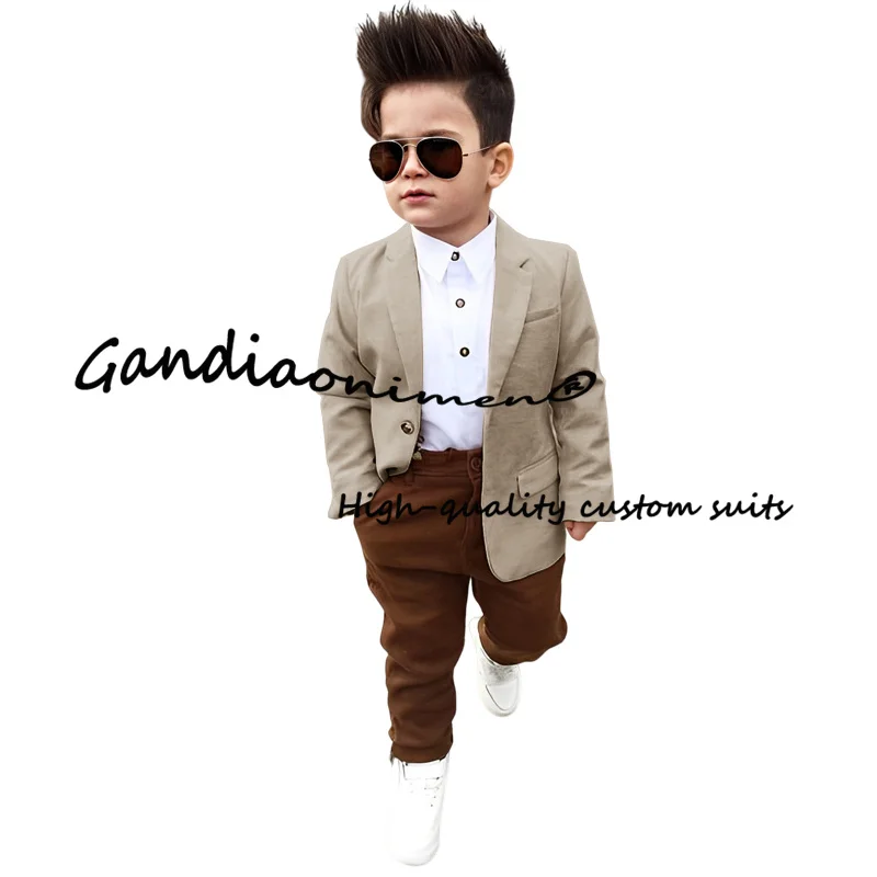 Summer Linen Suit For Boys Jacket Pants Set Of 2 Khaki Fashion Clothes Kids Wedding Blazer 2-16 Years