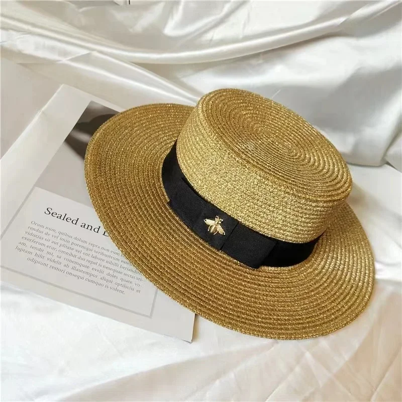 Summer Gold Wire Panama Hat - Lightweight Wool Blend Jazz Cap, Unisex Breathable Woven Bee Design with Adjustable Chin Strap