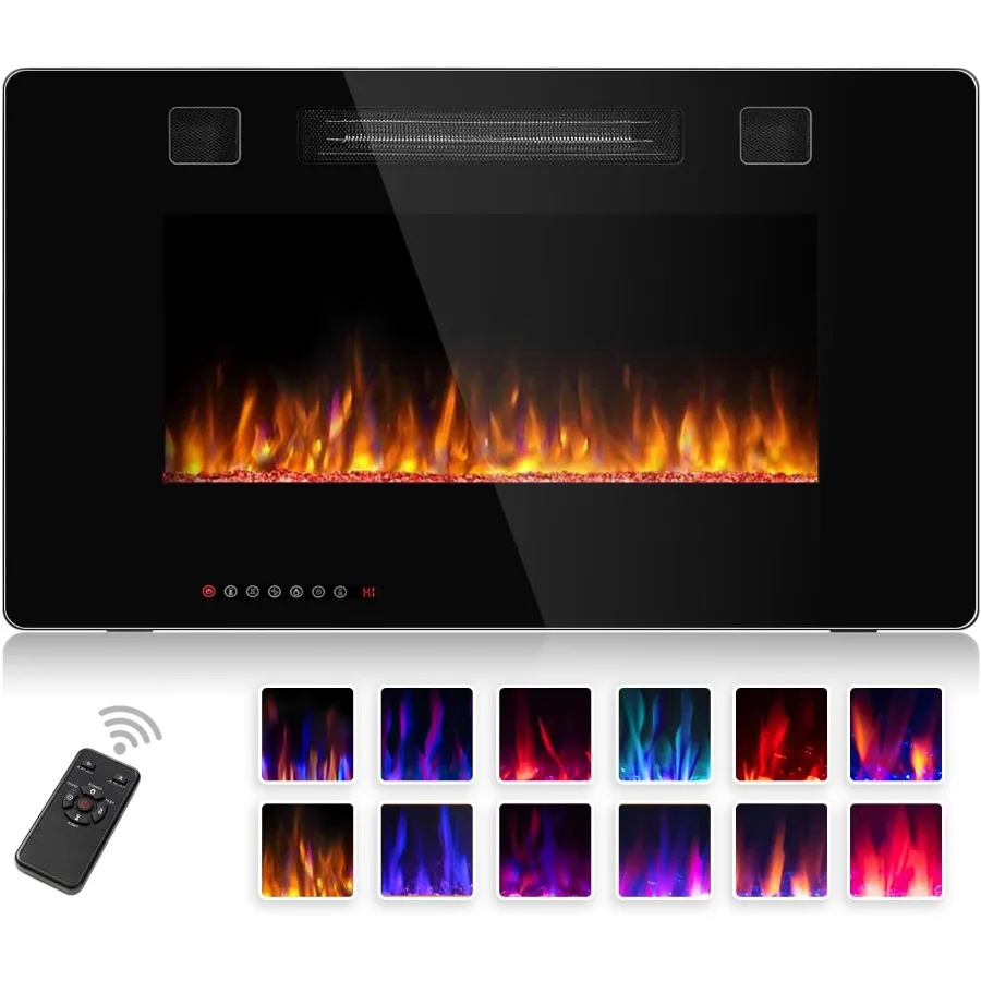

Электрический камин, 30-дюймовый встраиваемый настенный камин с 12 эффектами пламени, 5 уровней яркости, дистанционное управление, 8 часов T