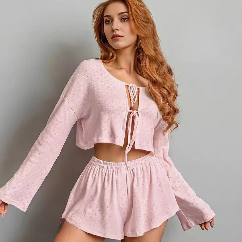 

Comfortable Lace up Top And orts Set Home Clothes New Arrival Women's Long Sve round Ne Pure Color Home Faion Set