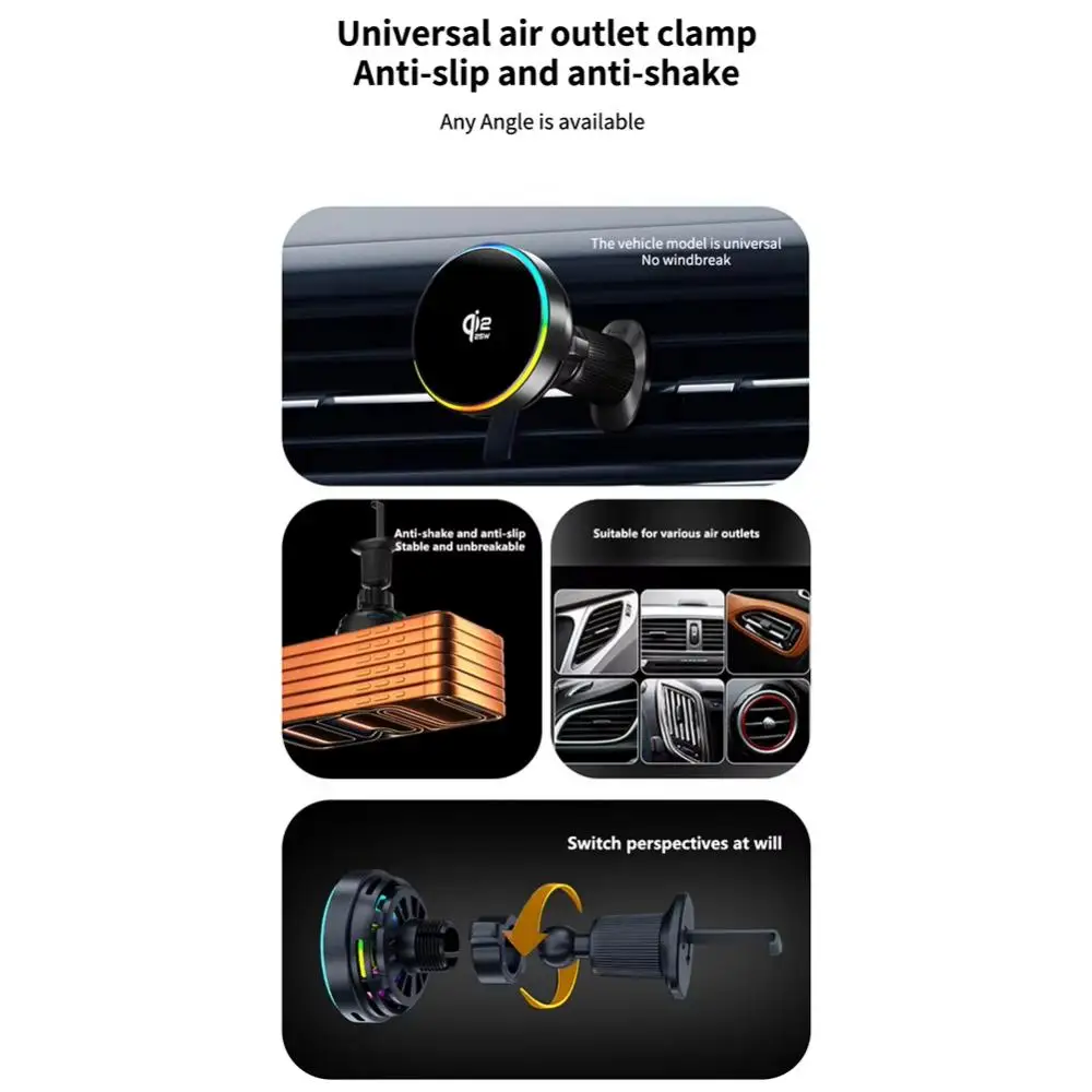 Magnetisches 25W Kabelloses Auto-Ladegerät Lüftungshalterung mit RGB-Ambientebeleuchtung für iPhone 17 16 Pro Max 15 14 13 – Detail 4