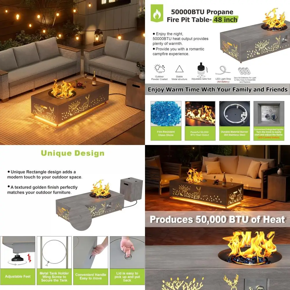 

Propane Fire Pit Table 48 Round with LED Light, 50,000 BTU, Lid, Rocks, Cover, Tank Storage, Outdoor Patio Heater