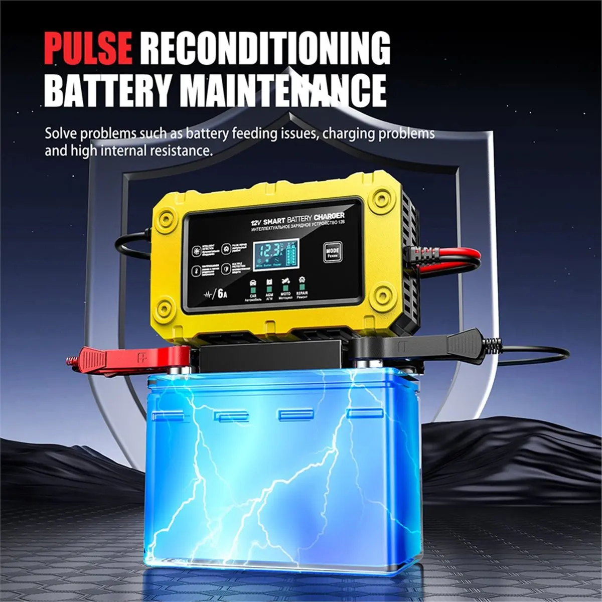 A32I Car Battery Charger 12V 6A Touch Screen Pulse Repair LCD Fast Power Charging Wet Dry Lead Acid Digital LCD Display EU
