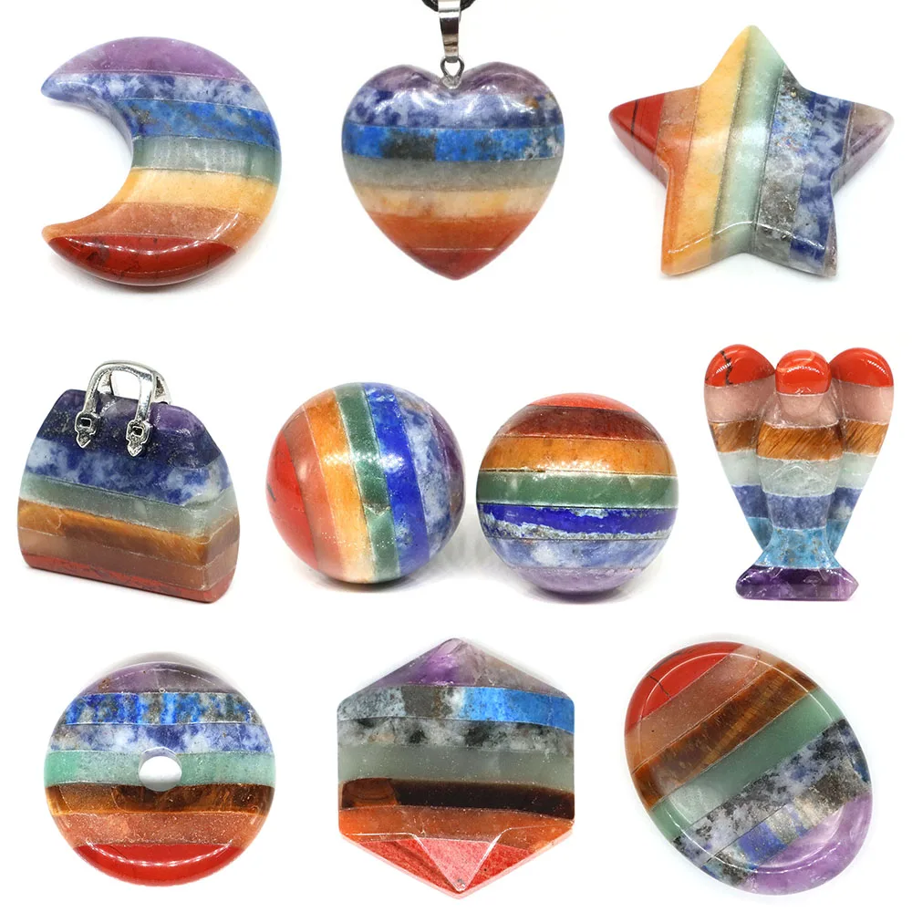 

Natural 7 Chakra Crystal Stones Set Reiki Gemstones Angel Ball Heart Moon Pendants Pendulum for Dowsing Wicca Jewelry Home Decor