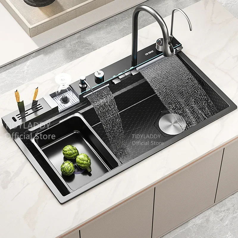 

Double Waterfall Sink Stainless Steel Kitchen Embossed Large Single Slot digital display faucet with knife holder