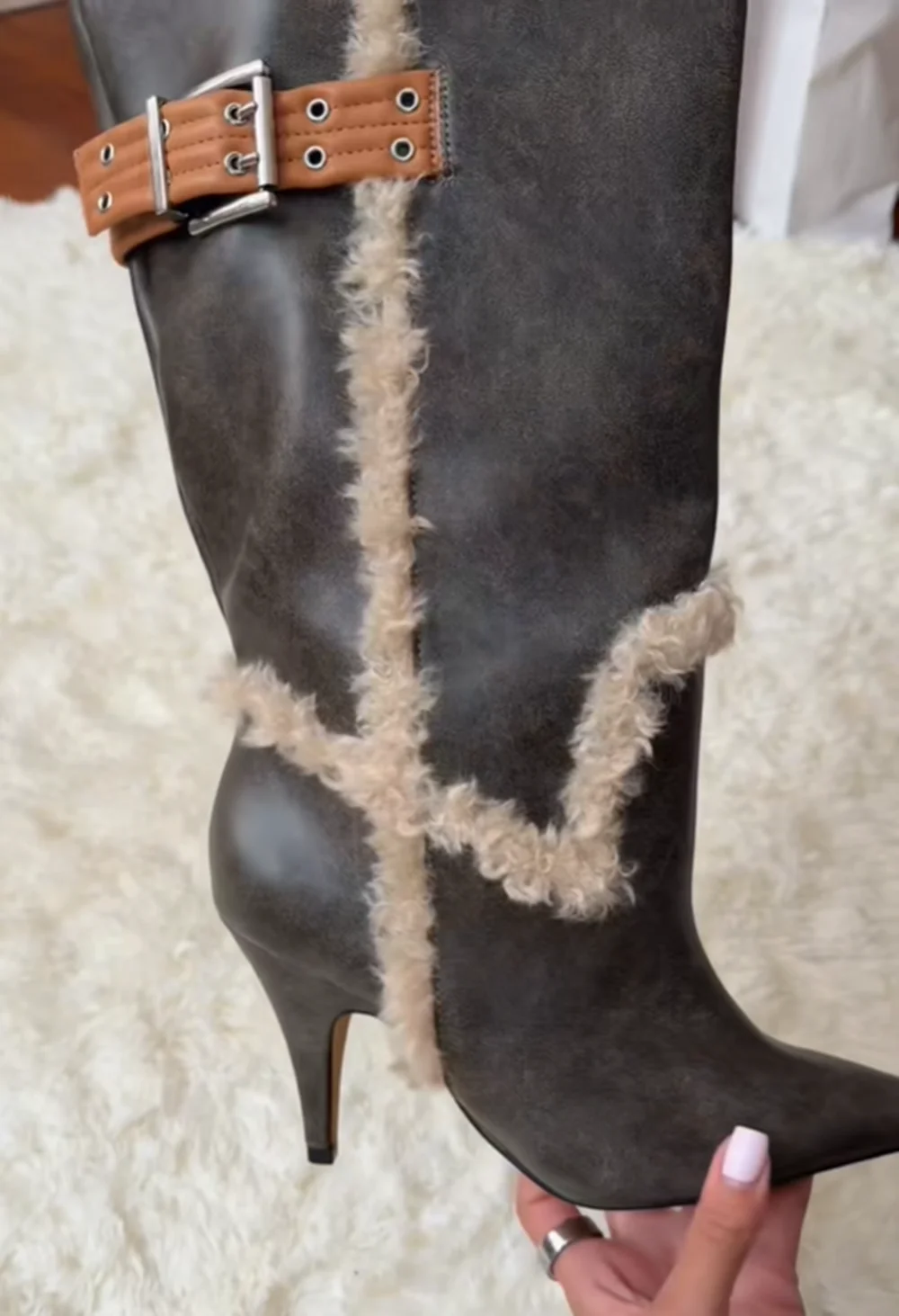 الزيتون الأخضر أشار تو الجلود الإفراط في الركبة الأحذية الصوف تقليم سليم خنجر كعب براون مشبك لهجات الشتاء الأحذية الدافئة #4