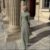 Vestidos de noche Hajib adornados con lentejuelas personalizados, cuello alto, manga completa, línea A, vestido de fiesta musulmán Formal, فساتmavera