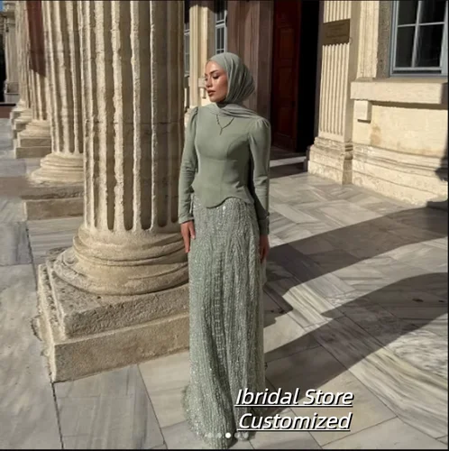 Vestidos de noche Hajib adornados con lentejuelas personalizados, cuello alto, manga completa, línea A, vestido de fiesta musulmán Formal, فساتmavera