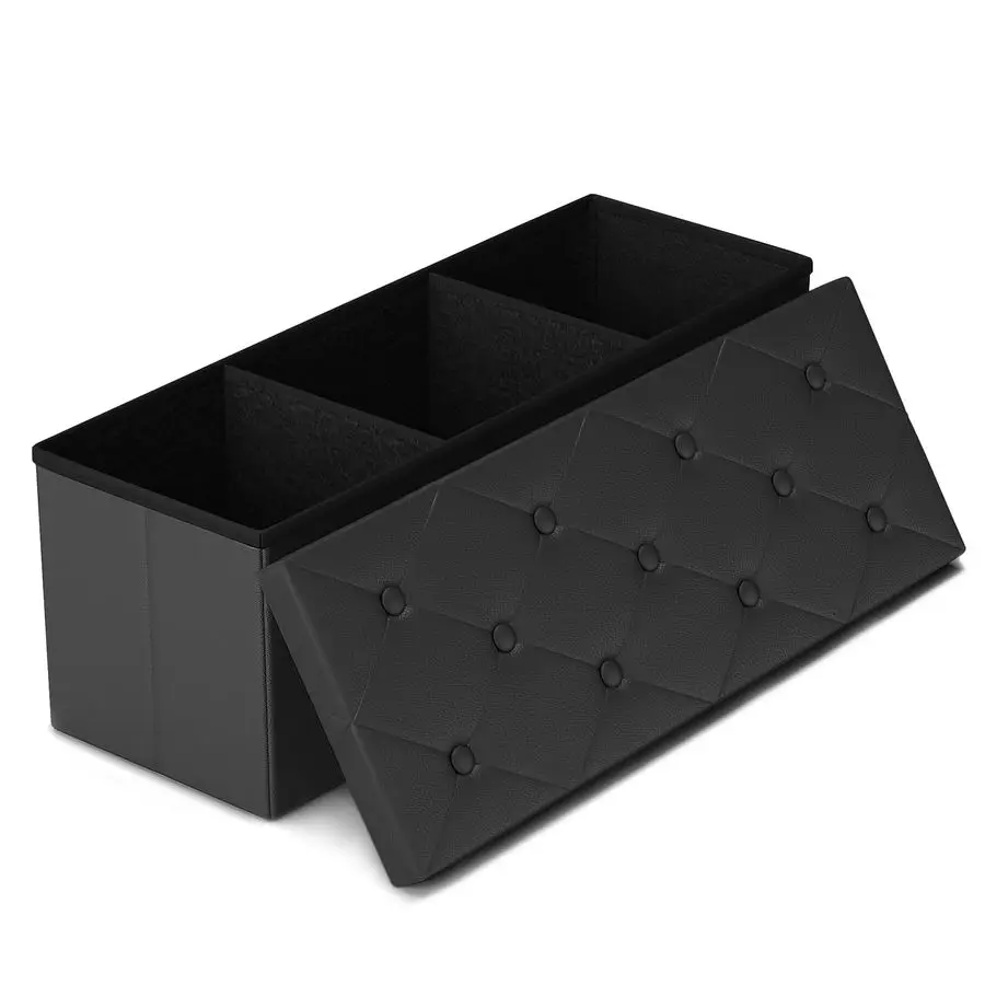 

Storage Ottoman Bench, 43 Inches Folding Ottoman with 2 Dividers, PU Leather Foot Rest, End of Bed Bench, Storage Chest for Livi