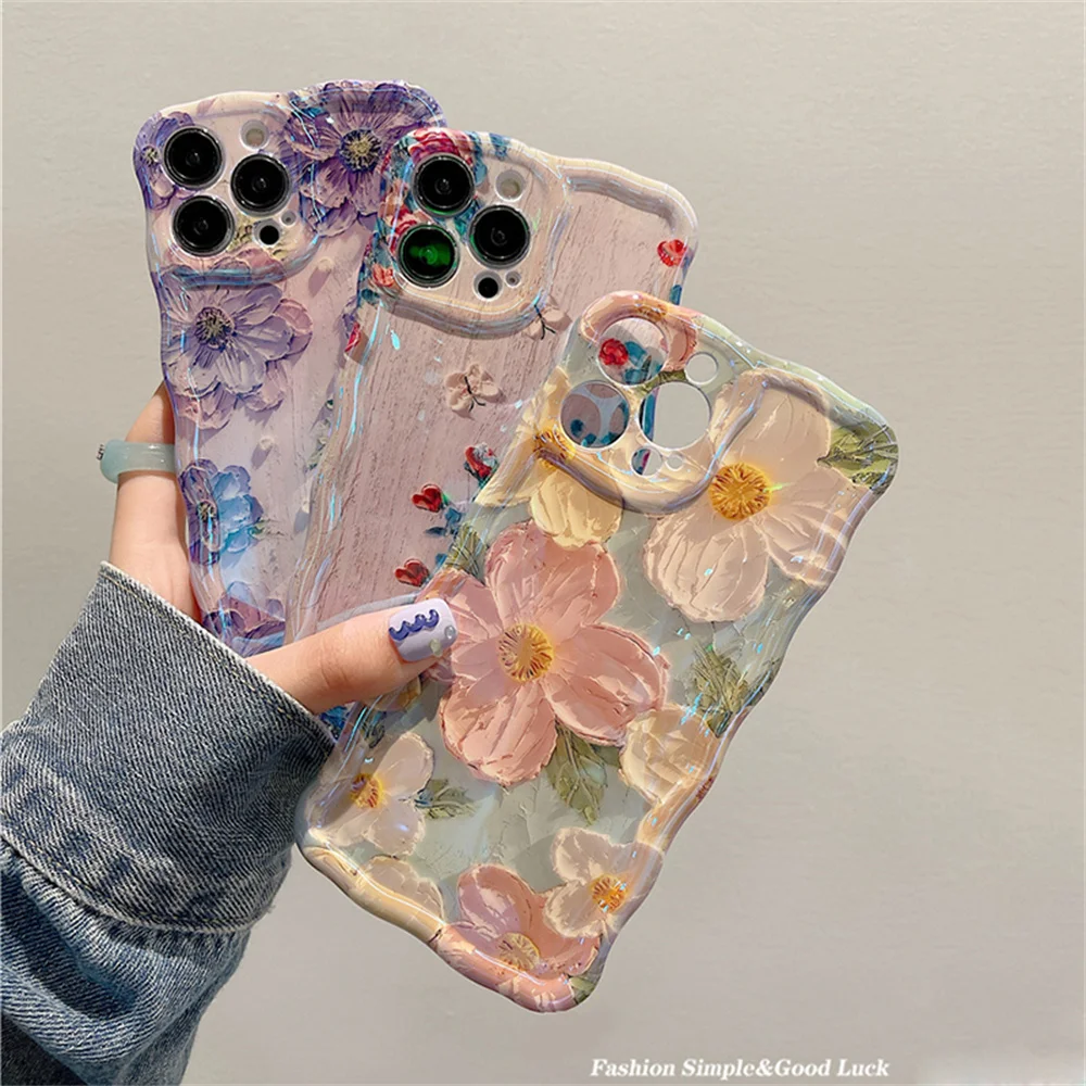 USLION New Oil Colored Petal Phone Case For iPhone 15 14 13 12 Pro Max 11 11Promax Wavy Curly Flash Soft TPU Bumper Back Cover