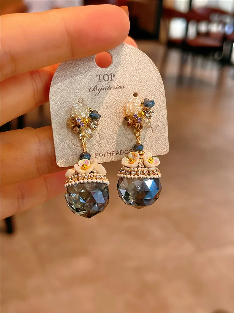 Bohemian Heavy Industry Retro Blue Crystal Earrings Feminine High Sense Joker Earrings