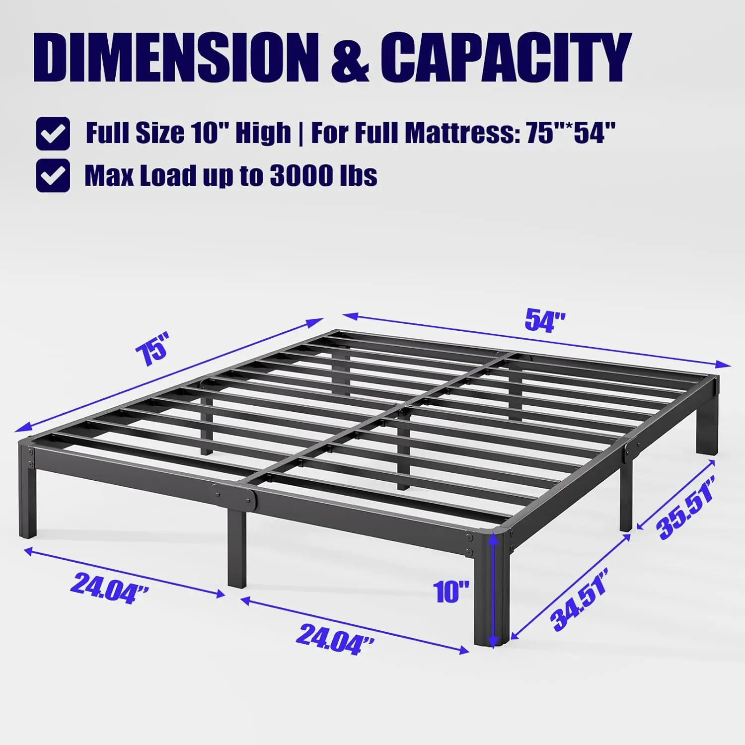 

10In High Full Size Bed Frame No Box Spring Ned, Heavy Duty Metal Platform Bed Frame Full With Round Corners, Easy Assembly,