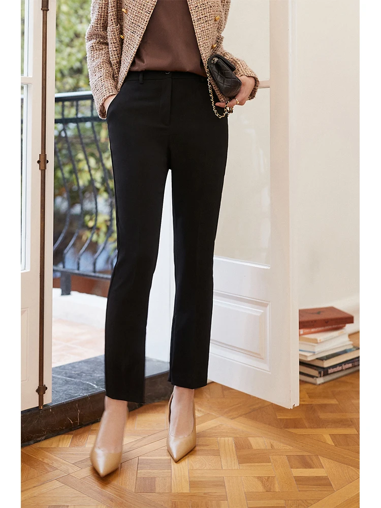 

Faionable Commuter Pants 75D Easan Acetate Zipper Slit High Waist Slim Fit Seven/Nine Length Ladies Ele Trousers