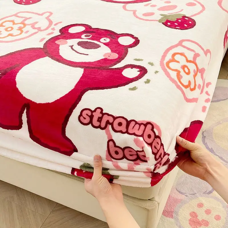 Stitch Plush Fitted Sheet Cartoon Lotso Pooh Bear Non Slip Warm Mattress Protective Cover Home Soft Cute Fuzzy Coverlet