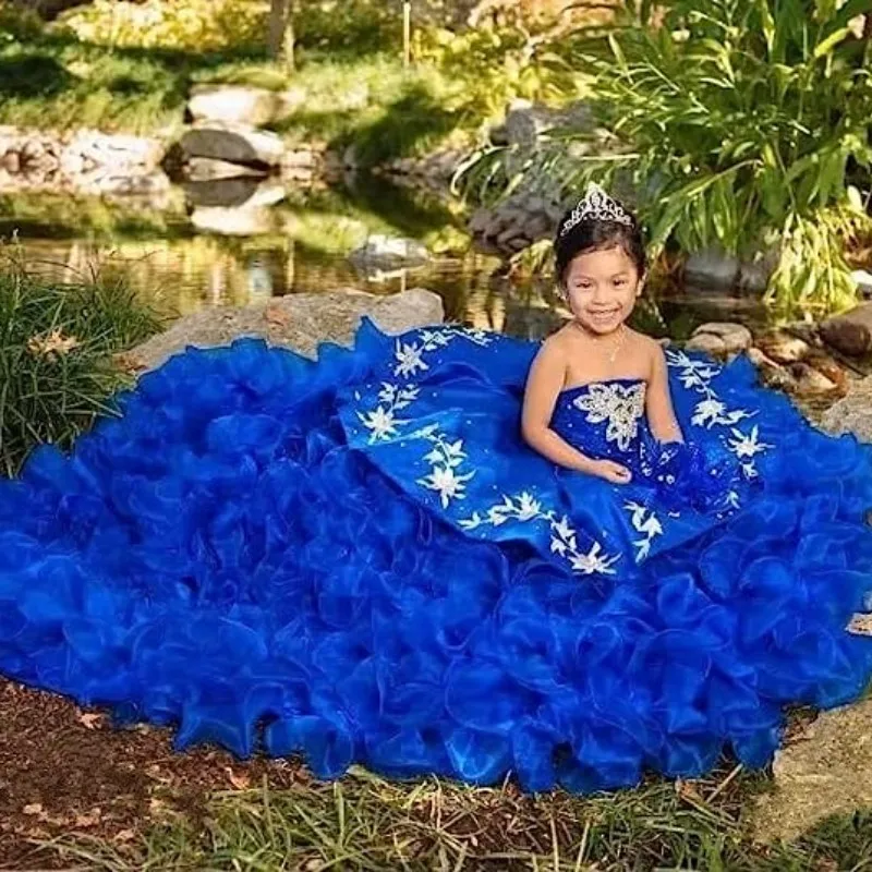 EVLAS Royal Blue Cute Flower Girl Dress For Weddings 2023 Applique Beaded Ruffles Kids Pageant Gown First Communion Dress TFD125